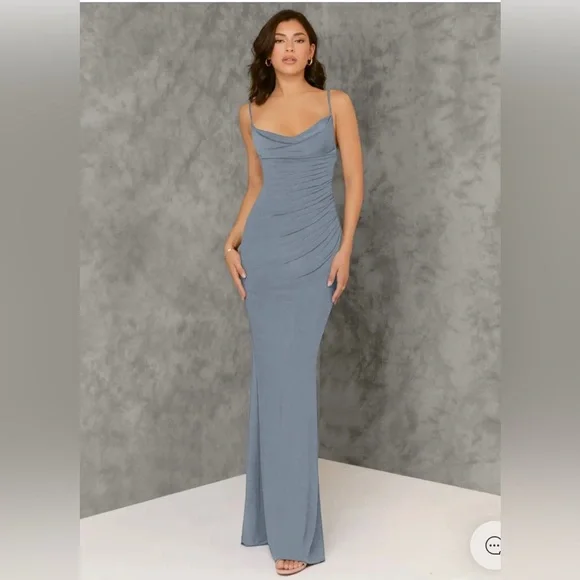 Azazie Sophisticated Gray Draped Midi Dress - Picture 6 of 16
